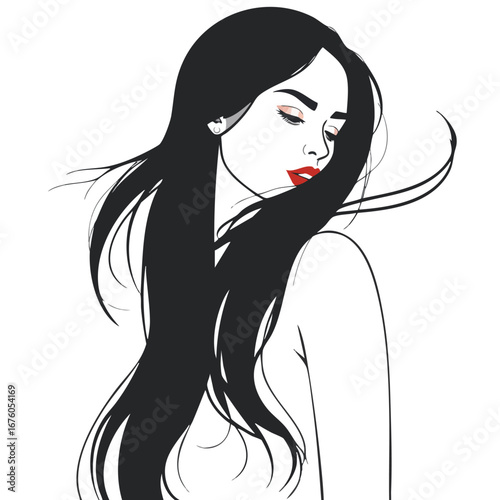 Serene Hispanic woman with long flowing hair in the breeze