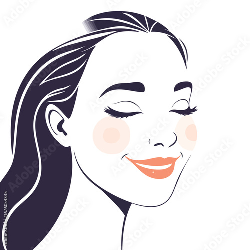 A serene and happy woman with a round face