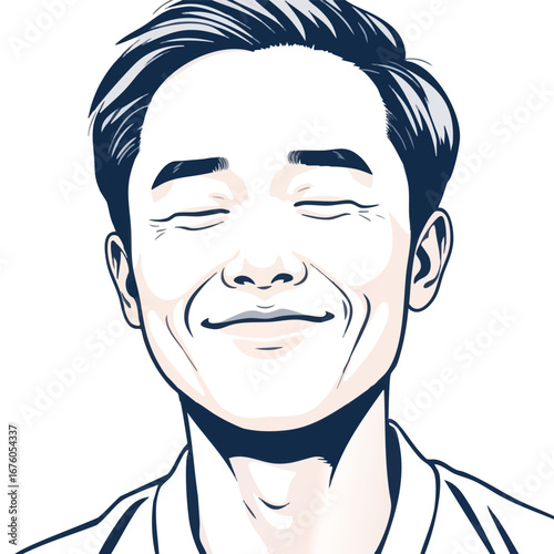 A content East Asian man with a gentle smile