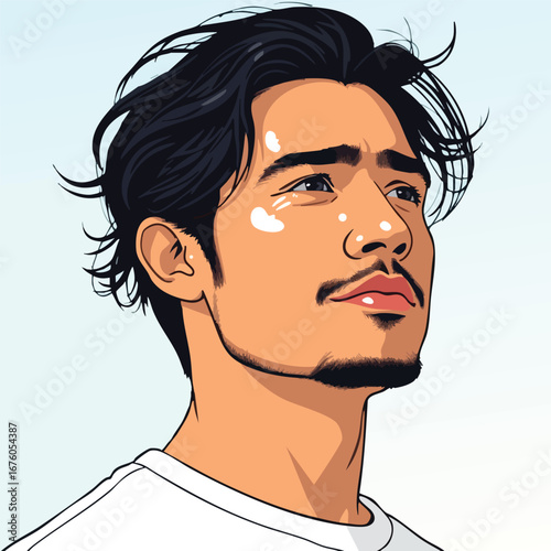 A Hispanic man with his hair tousled by the wind