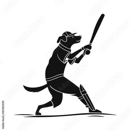Dog Cricketer in Action: A silhouette depiction of a canine athlete swinging a cricket bat, embodying agility and sportiness. This illustration captures the essence of athleticism and playful energy.