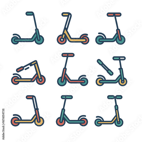 Colorful line art of nine electric scooters on gradient background