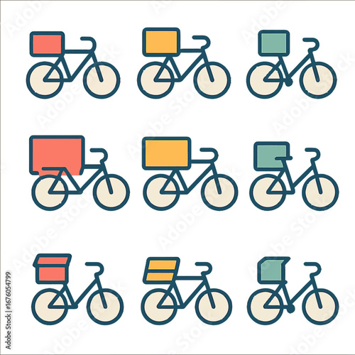 Colorful linear bicycle icons with delivery boxes on soft background
