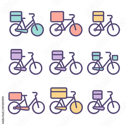 Colorful bicycle icons set for delivery services in modern outline style