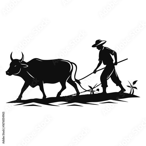 Farm Labor: A silhouetted farm worker guides an ox, their shared labor tilling the earth, representing a scene of agriculture and hard work in rural countryside.