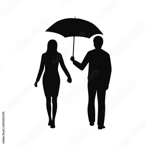 Benevolent Umbrella: Silhouette of a man and woman walking together under an umbrella. Evokes a sense of protection, companionship, and shared moments.