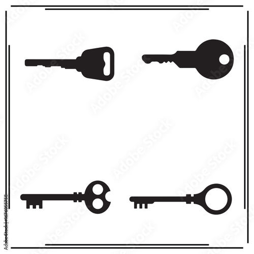 Black Key Icon Set – Classic, Circular, and Unique Key Designs, Symbols of Access, Security, and Unlocking Potential
