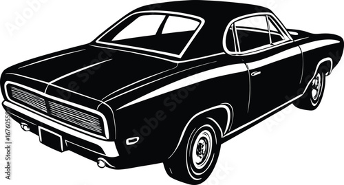 Vector art of black vintage muscle car from the 1970s, rear threequarter view