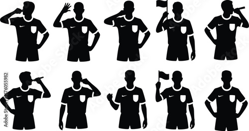 Soccer player silhouettes, football celebration poses, athlete icons, black vector, sports illustration, goal celebration, expressive gestures, uniformed figures, 