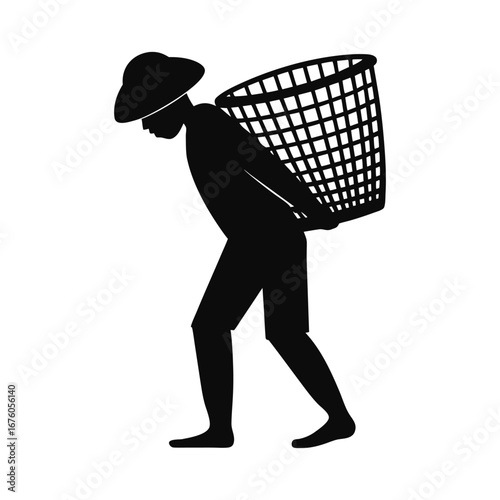 Silhouetted labor: A simple black and white illustration depicting a worker carrying a large basket on his back, showcasing the essence of hard work and daily life. 