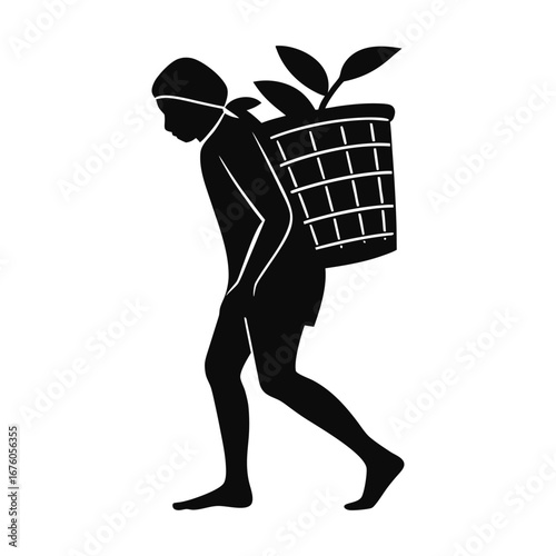 The Planter's Burden: A silhouette of a person, bent under the weight of a basket overflowing with thriving young plants.