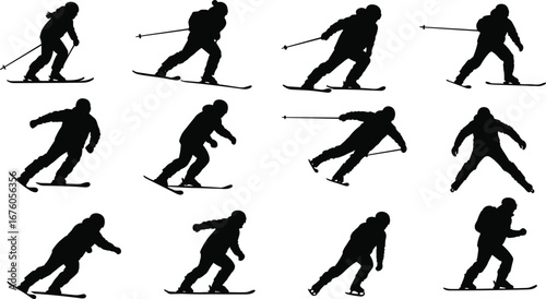 Skiing silhouettes, winter sport icons, skier poses, downhill motion, black vector set, snow activity, ski technique, alpine action, isolated design, athlete movement