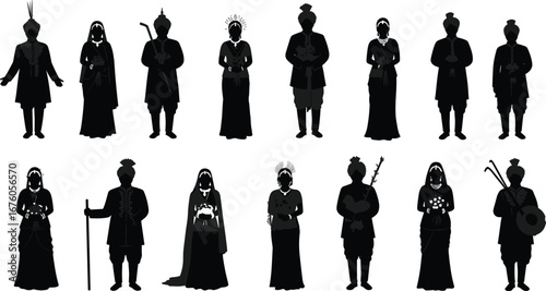 Traditional costume silhouettes, cultural attire, ethnic diversity, ceremonial dress, global heritage, festive garments, regional identity, folk fashion, cultural expression, black figures