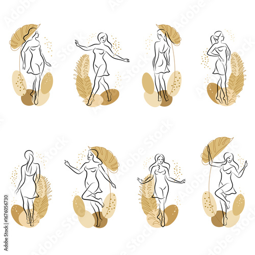 Collection. Silhouette of a cute lady and leaves of a plant. The girl is standing. The woman has a beautiful figure. She is young and slim. Vector illustration set.
