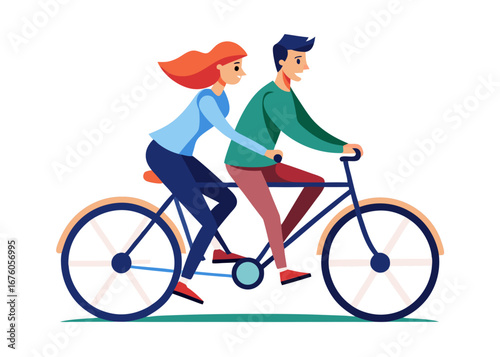 A happy couple riding a bicycle together