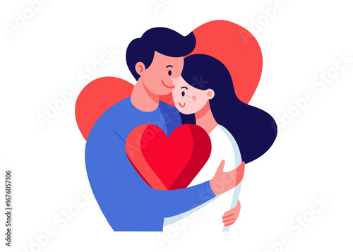 Illustration of a loving couple embracing with hearts