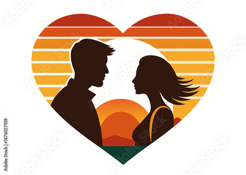 Silhouette of a couple in love against a sunset heart