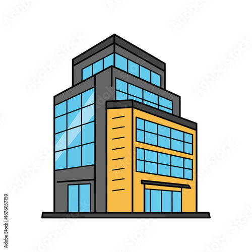 A modern multi-story office building with a grey and yellow facade, depicted in a clean, cartoon vector style.
