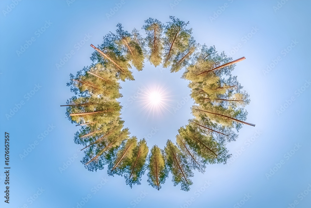 Obraz premium Sunlit Pine Tree Circle - Little Planet Forest Illustration