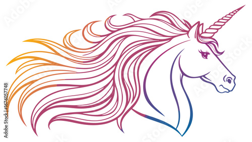 colorful unicorn line art illustration with rainbow gradient mane and horn fantasy design isolated on white backhround.
