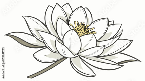 elegant gray lotus flower line drawing with layered petals and golden center illustration isolated on white background.