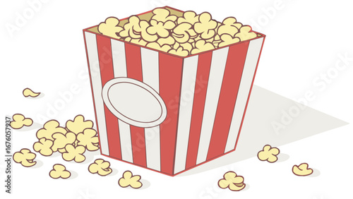 overflowing red striped popcorn container with scattered kernels isolated on white background.