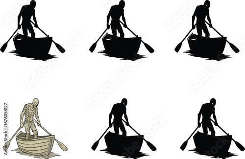 Man rowing boat, silhouette in water, paddling, outdoor adventure, strength, motion, river journey, figure in boat, canoeing.