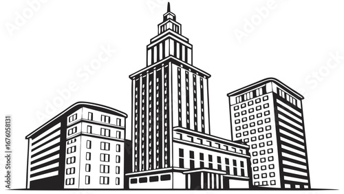 black line city skyline tall buildings skyscrapers urban downtown architecture illustration