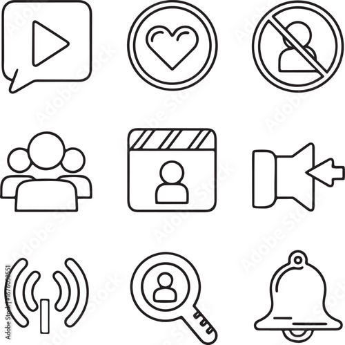 Social media thin line icons, social media like button, social media share, social media comment, social media profile, social media chat, live stream, story, growth, marketing