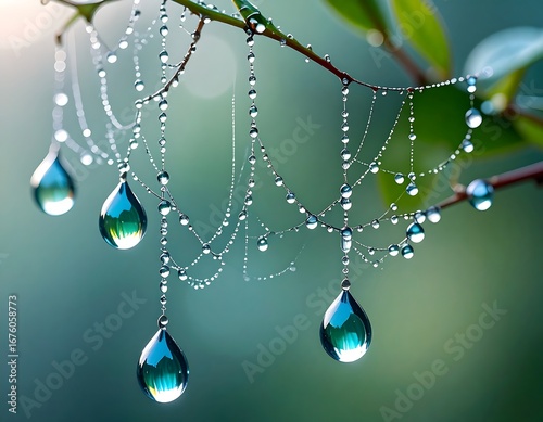 Dewdrops clinging to a spiderweb in the morning light