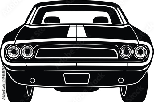 Vector art of rear view silhouette of a classic american muscle car with a racing stripe