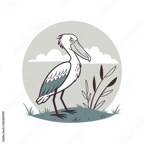 A cartoon illustration of a shoebill stork standing in a grassy area with a cloudy sky background