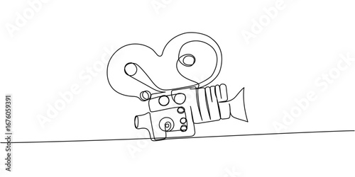 Line art of a retro movie camera with large reels, minimalist continuous drawing of a classic cinema filming device and analog cinematography tool