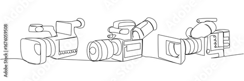 Modern video cameras in minimalist line art, black outline of various professional recording equipment