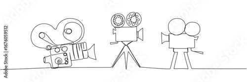 Three classic movie cameras on tripods in linear style, minimalist black outline illustration of vintage filming gear