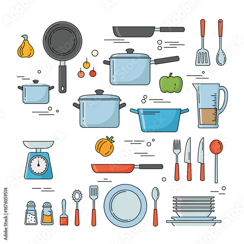 Collection of kitchenware utensils and cooking appliances for culinary activities