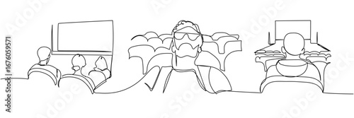 Minimalist outline of people watching a movie in cinema seats, linear black and white film audience art