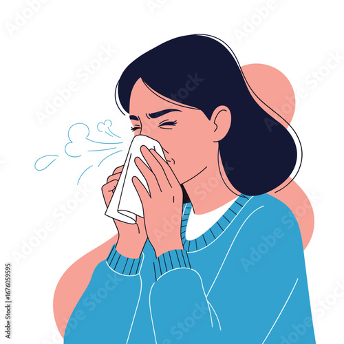 Woman experiencing seasonal allergies sneezing into a tissue with eyes closed feeling unwell