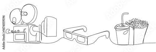 Minimalist linear drawing of vintage movie projector, 3D glasses, drink, and popcorn classic cinema outline concept