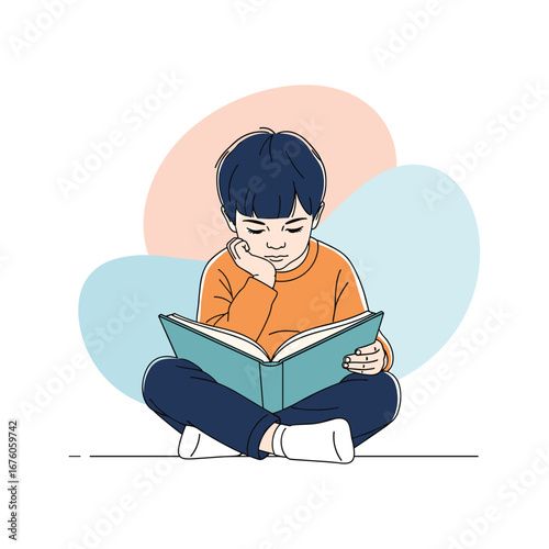 A young child deeply engaged in reading an open book with a thoughtful expression