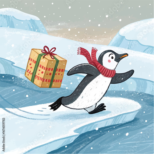 Happy Penguin with Gift Box on Ice - Winter Holiday Celebration