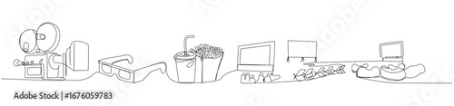 Single line drawing of cinema elements from projector to home theater journey of film watching