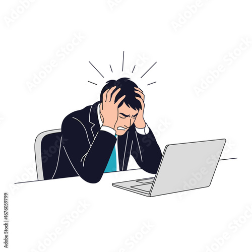 Stressed businessman holding head while working on laptop experiencing extreme work pressure