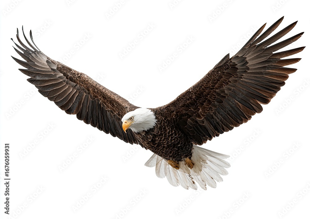 Obraz premium Bald eagle in flight against white background