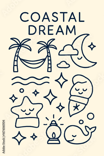 A charming collection of minimalist line art illustrations depicting a serene coastal dream with tropical elements and whimsical night sky motifs.