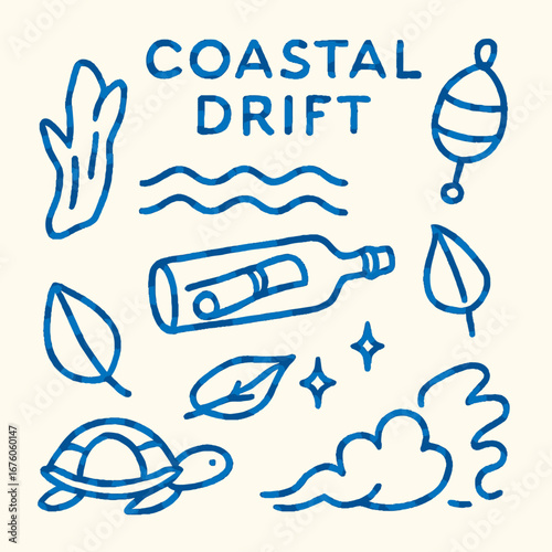 A charming collection of hand-drawn blue line art elements depicting a whimsical coastal and marine theme, perfect for summer designs.