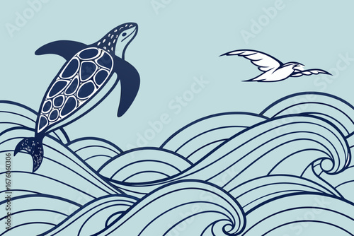 Stylized Sea Turtle and Seagull Above Ocean Waves marine life