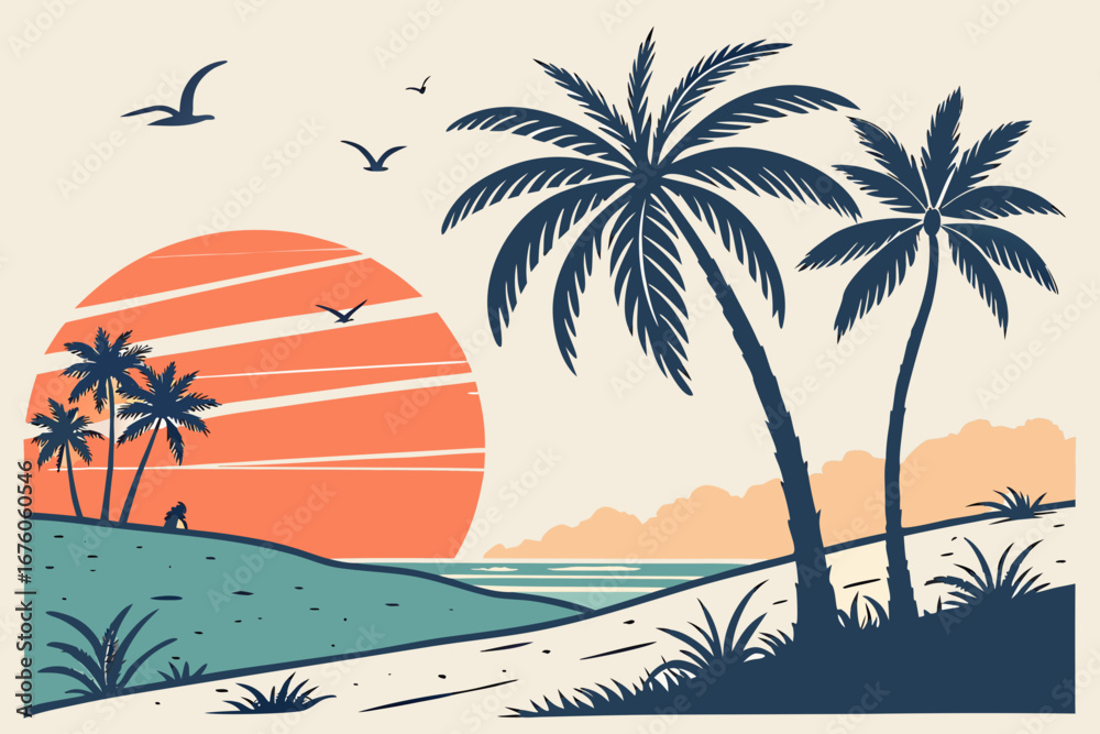 Obraz premium Tropical beach landscape with palm trees and colorful sunset