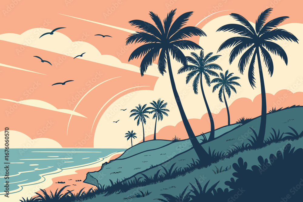 Obraz premium Tropical beach scene with palm trees and ocean waves