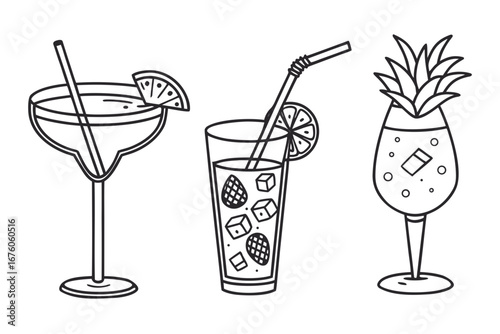 Three outline drawings of tropical cocktails on white background